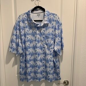 Izod Saltwater 2XB Blue and White Palm Hawaiian Beach Wicking Polo Shirt N001